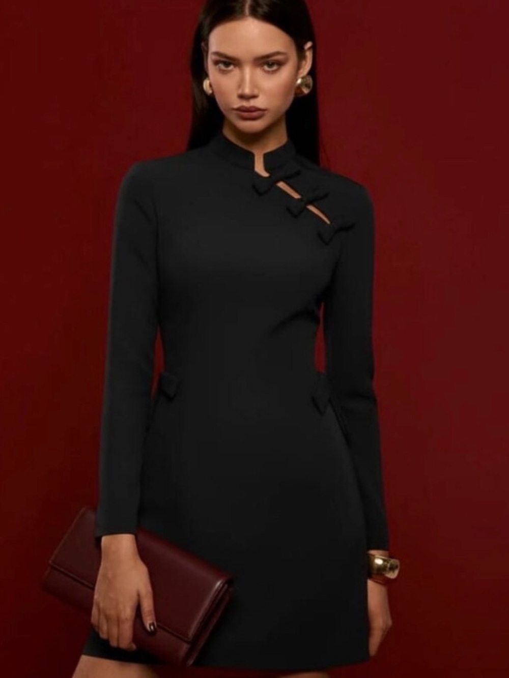 Commense Mini Black Mandarin Collar Bow Detail Dress, NWT, Size M